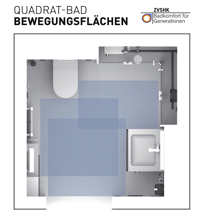 Leuchtturmprojekt pflegegerechtes Minibad: Darstellung eines Quadratbades mit sich überlagernden Bewegungsflächen