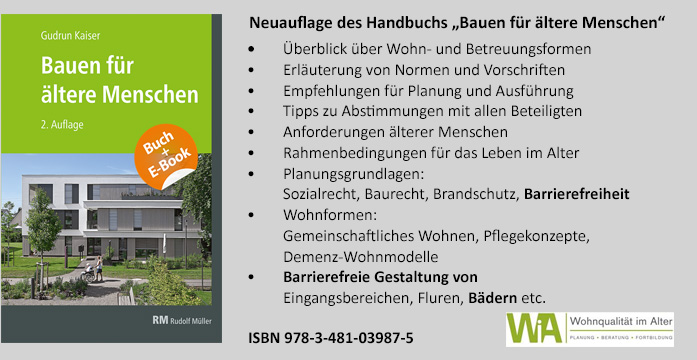 Interview mit Gudrun Kaiser: Das Bild zeigt den Titel des Buches "Bauen für ältere Menschen" mit Inhaltsangabe.