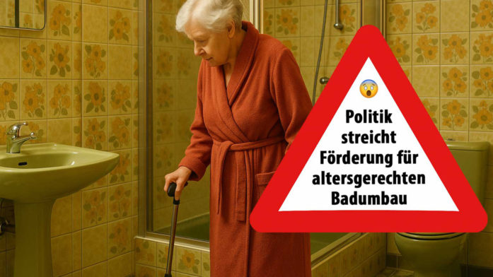 Verbände fordern Neuauflage des KfW-Programms 455-B: Unser Foto zeigt eine alte Dame in einem nicht barrierefreien 70er-Jahre-Bad