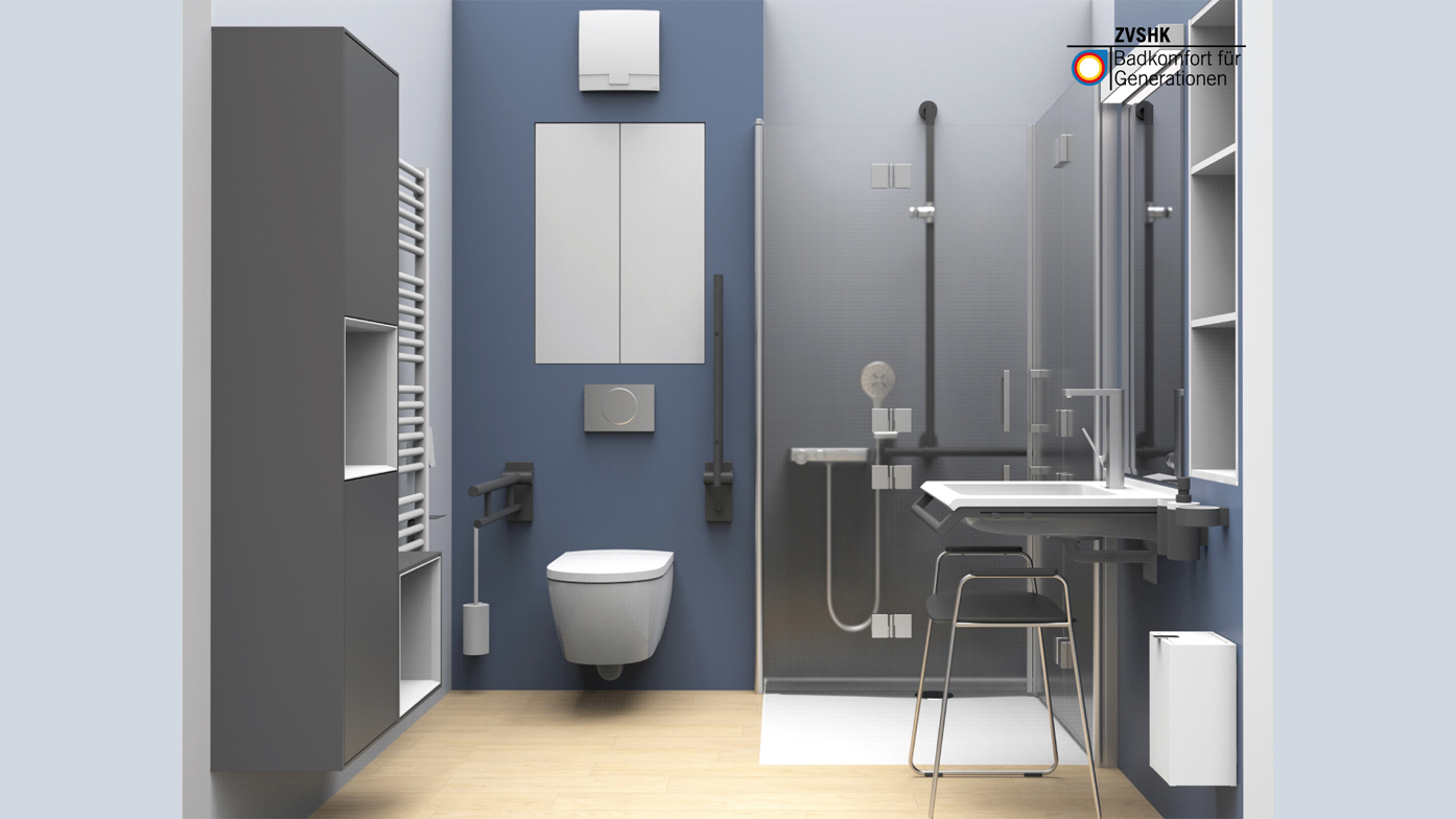 Pflegebad: Gut versorgt zu Hause: Pflegegerechtes Quadratbad mit schwellenloser Dusche, Haltegriffen, unterfahrbarem Waschtisch und gut erreichbaren Stauräumen.