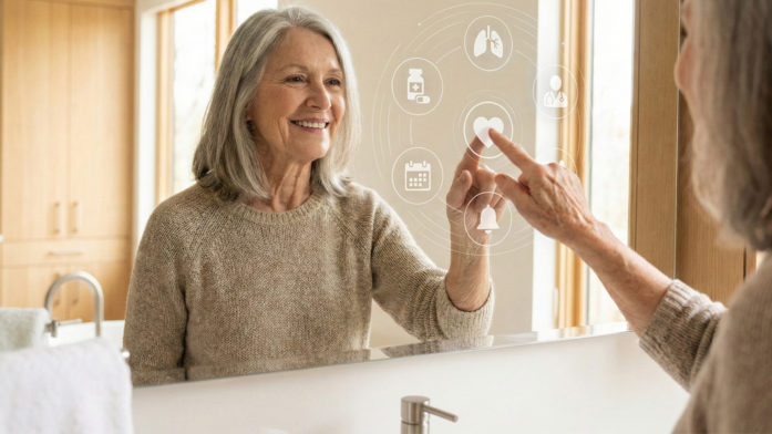 Frau schaut in einen smarten Spiegel